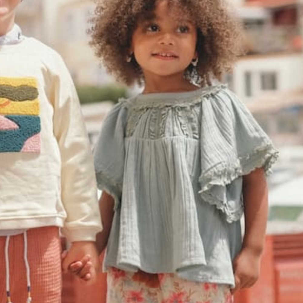 New LOUISE MISHA Priya embroidered cotton blouse cloud mint blue 14y